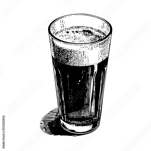 a glass of beer full of foam engraving black and white outline. Scratch board imitation.