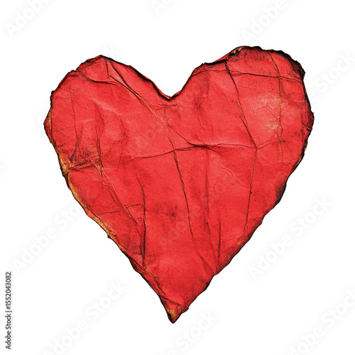 Textured red heart shape made from crumpled paper isolated on transparent background