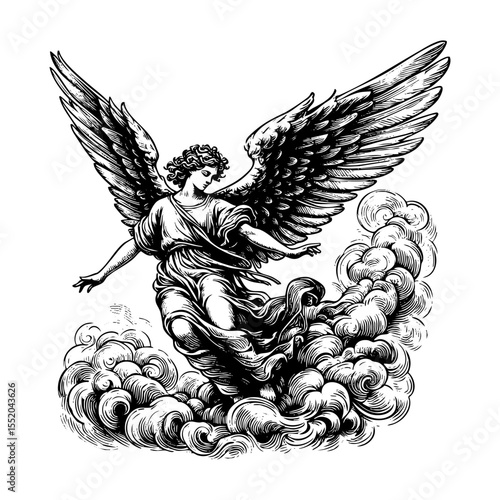 flying angel engraving black and white outline. Scratch board imitation.