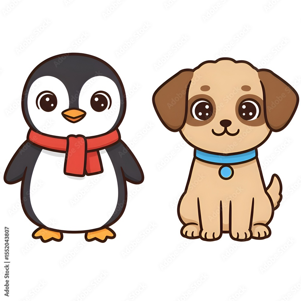 Fototapeta premium Cute Penguin and Puppy Illustration: An adorable penguin wearing a red scarf stands beside a charming puppy with a blue collar, against a simple backdrop.