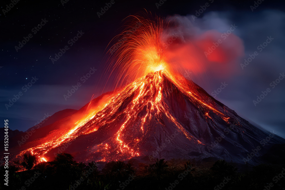 Fototapeta premium Majestic volcano erupts with fiery lava flow under a starry night sky
