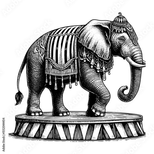 Elephant standing on circus stage engraving black and white outline. Scratch board imitation. illustrated in vintage line art style on a white background.