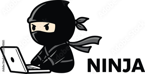 Ninja at Work Tech-Savvy Warrior, Laptop Illustration, and Stealthy Hacker Design