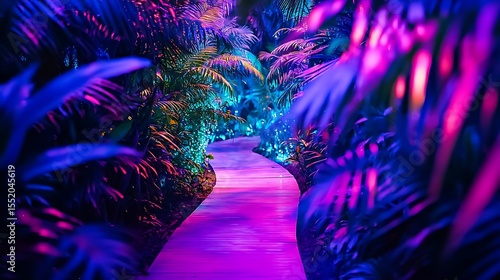 Neon tropical pathway through lush foliage