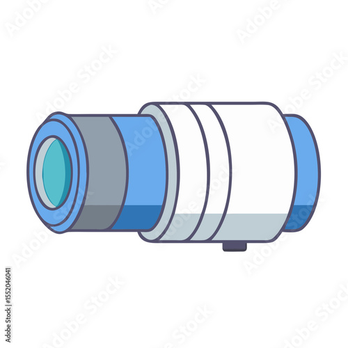 Cartoon telescope in light blue and gray with white stripes design