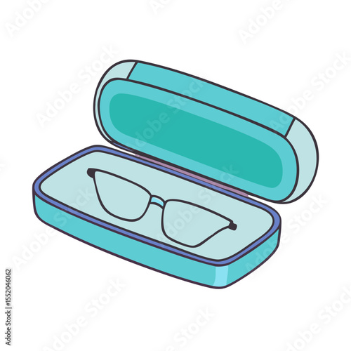 Cartoon illustration of glasses in a blue clamshell eyeglasses case isolated on transparent 