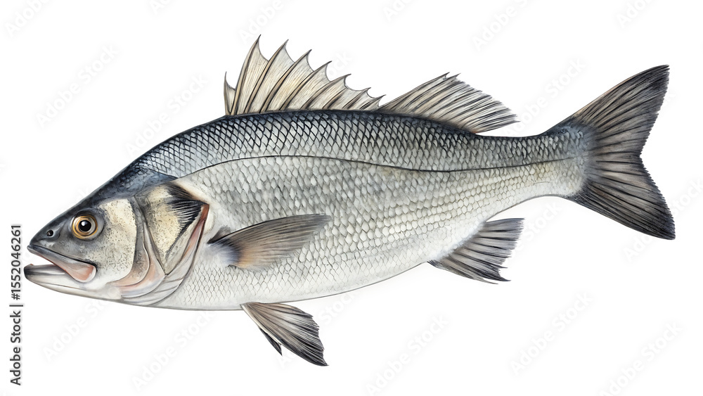 Fototapeta premium Sea bass branzino isolated on a white background PNG. AI GENERATED