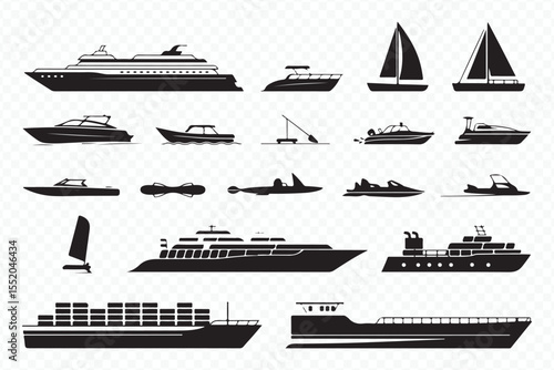 naval and recreational watercraft silhouette icons: airboat, windsurfer, cargo ship, narrowboat, catamaran, tugboat, fishingboat vector
