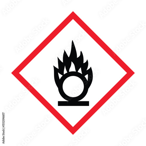 GHS03 Oxidizing warning sign symbol. GHS hazard pictograms. Oxidizing gas, oxidizing liquid, oxidizing solid. Globally Harmonized System of Classification and Labelling of Chemicals.