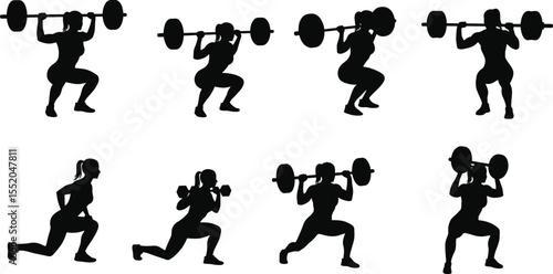 Silhouette Series: Weightlifting Workout, Squat and Clean Exercises, Fitness Illustration