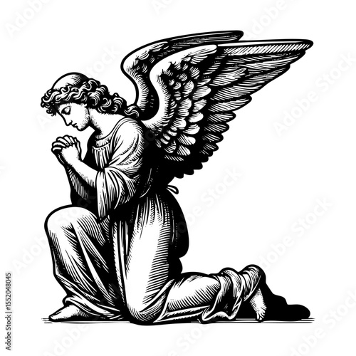 woman angel kneeling sketch engraving black and white outline. Scratch board imitation. illustrated in vintage line art style on a white background.