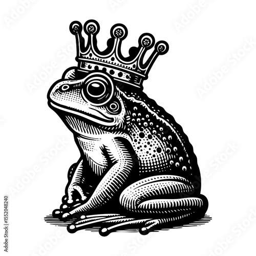 Frog wear crown sketch engraving black and white outline. Scratch board imitation.