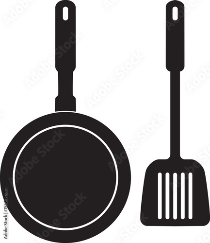 A black silhouette vector illustration of a frying pan and spatula, designed with clean lines and smooth edges. Minimalist and modern kitchenware icon on transparent background, ideal for culinary gra