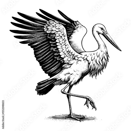 stork spread wings engraving black and white outline. Scratch board imitation.