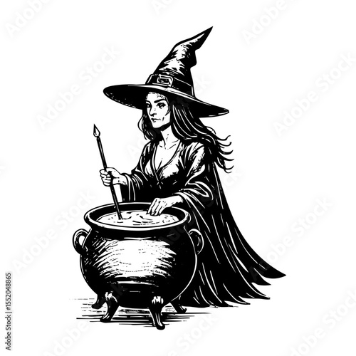 witch make potion on cauldron engraving sketch engraving black and white outline. Scratch board imitation.  illustrated in vintage line art style on a white background.