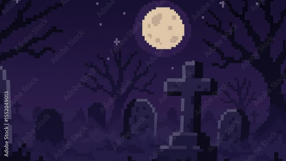 Pixel art graveyard at night with full moon, starry sky, leafless trees ...