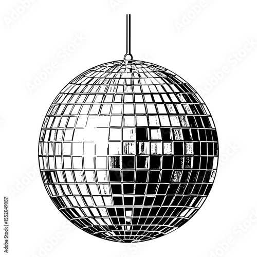 Disco ball sketch engraving black and white outline. Scratch board imitation. illustrated in vintage line art style on a white background.