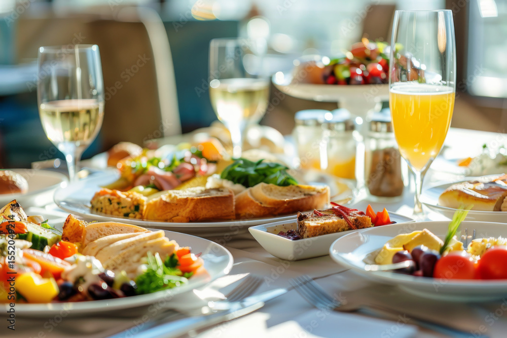 Elegant breakfast spread featuring fresh orange juice, fruits, and gourmet dishes in a bright, sunny dining setting. Elegant breakfast spread featuring fresh orange juice, fruits, and gourmet dishes in a bright, sunny dining setting.