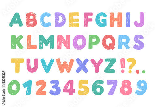 Cartoon hand-drawn alphabet, letters and figures. Cute children doodle illustratons, set of vector characters