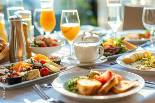 Elegant breakfast spread featuring fresh orange juice, fruits, and gourmet dishes in a bright, sunny dining setting.