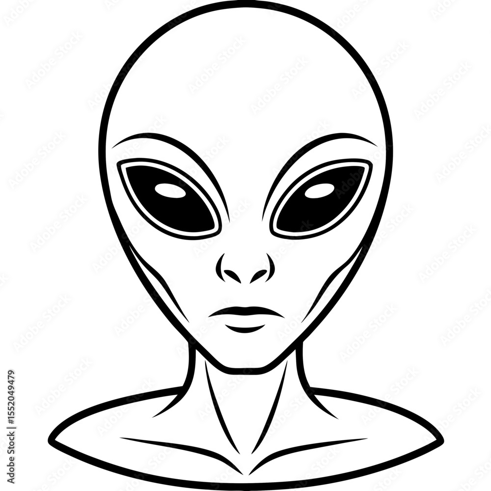 Black and White Alien Face with Large Eyes and Smooth Head Black and White Alien Face with Large Eyes and Smooth Head
