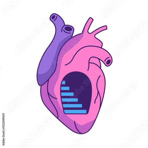 Anatomic human heart with an arch with stairs inside, abstract surreal love illustration