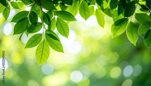 Sunlight filtering through vibrant green leaves on tree branches in a lush forest