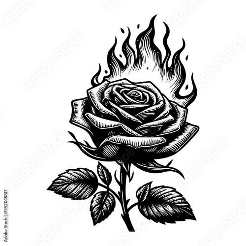 Burning rose flower engraving black and white outline. Scratch board imitation.  illustrated in vintage line art style on a white background.