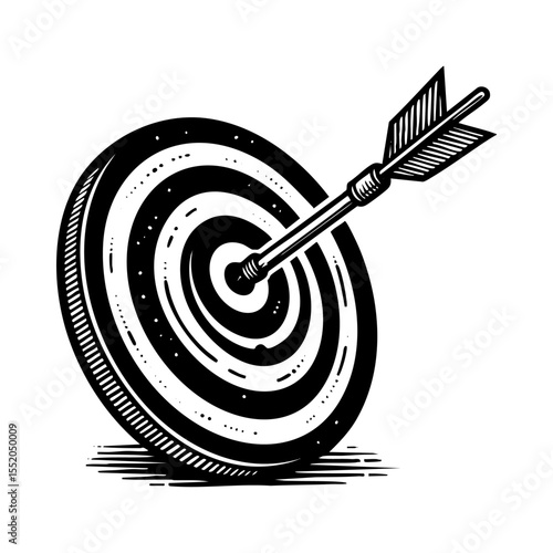 Arrow on target sketch engraving black and white outline. Scratch board imitation.  illustrated in vintage line art style on a white background.