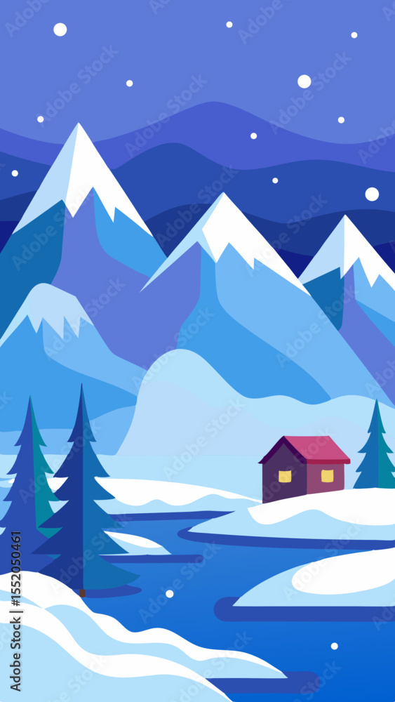 Fototapeta premium Cozy cabin nestled in a snowy mountain landscape with a frozen river