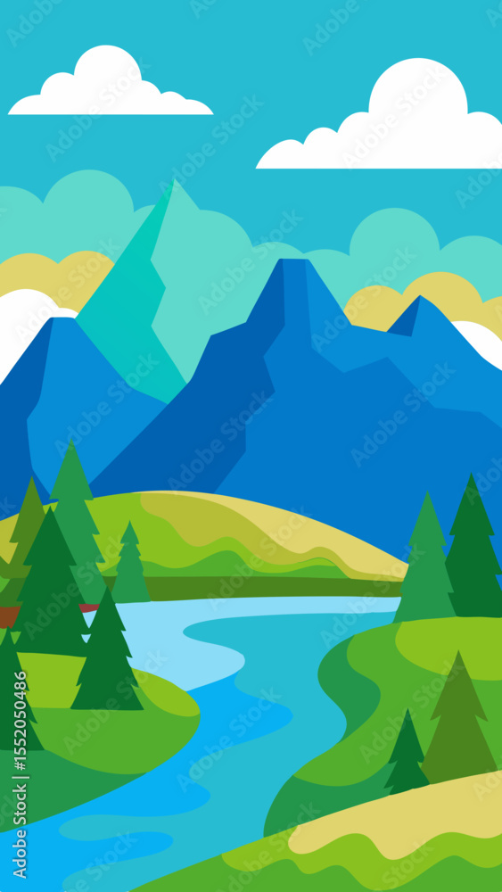 Obraz premium Stylized mountain landscape with a winding river and evergreen trees