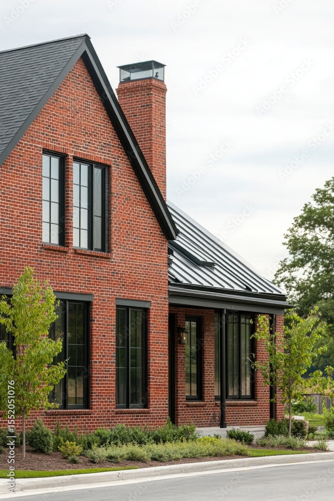 This stylish, contemporary brick home features sleek black windows and a durable metal roof, nestled in a peaceful neighborhood on an overcast day This stylish, contemporary brick home features sleek black windows and a durable metal roof, nestled in a peaceful neighborhood on an overcast day