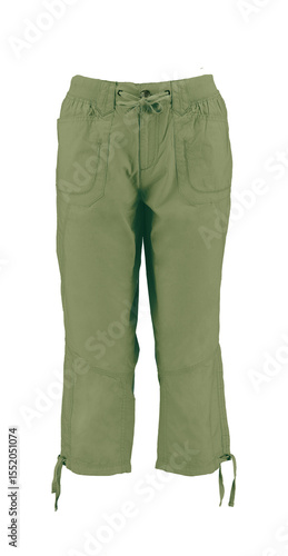 Green capri with cord. Cargo. Photo on mannequin without model. Isolated image on a white background. Nobody.