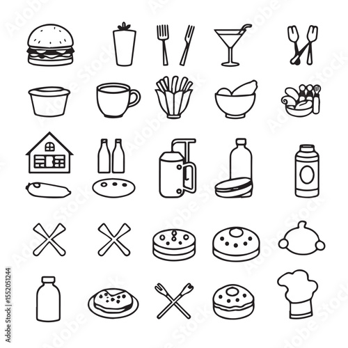 Black and White Line Art Illustration of Food Drinks and Kitchenware Icons