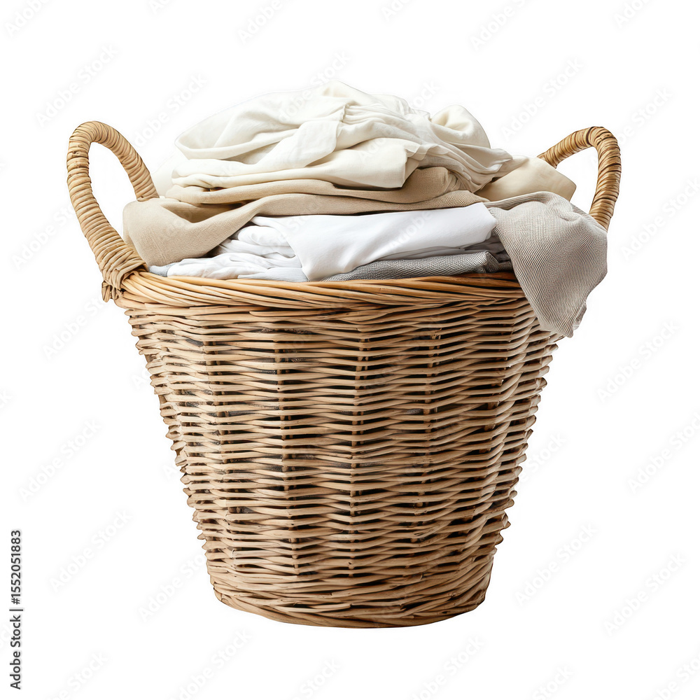 Obraz premium Wicker laundry basket filled with clean clothes isolated on transparent background