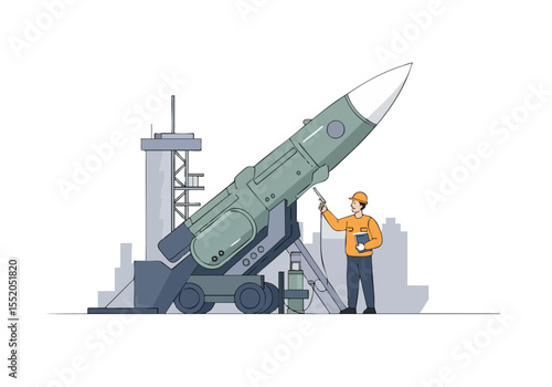 Engineer inspects a missile on a launchpad, showcasing precision and technology. A modern, detailed illustration.