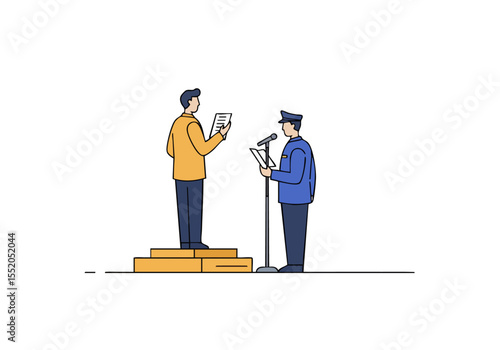 A man recites an oath before a police officer, symbolizing loyalty and commitment. Modern illustration style, pastel colors, and a professional setting.