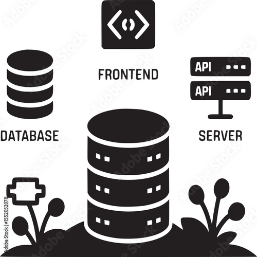 Black and white diagram illustrating software architecture with database frontend and server icons