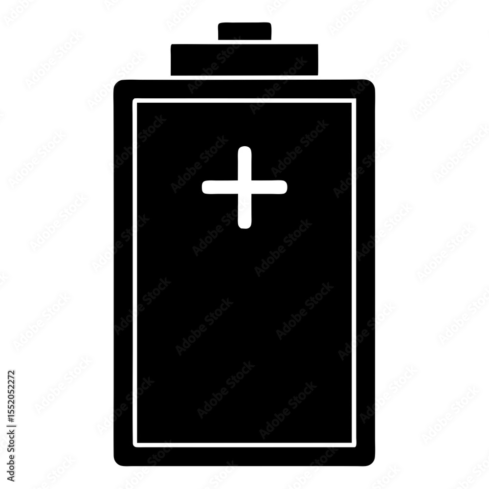 Simple Black and White Battery Icon with Positive Charge Symbol Simple Black and White Battery Icon with Positive Charge Symbol