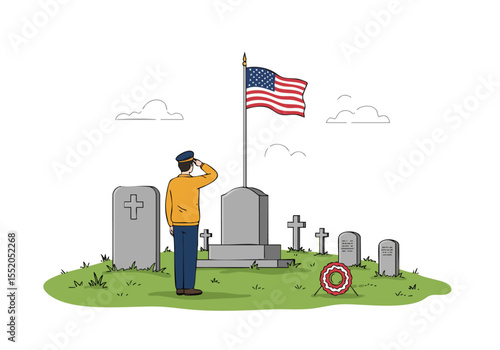 A solemn salute honors a fallen soldier at a memorial. A man in uniform pays respects beside graves and crosses, under an American flag. A poignant and respectful scene.