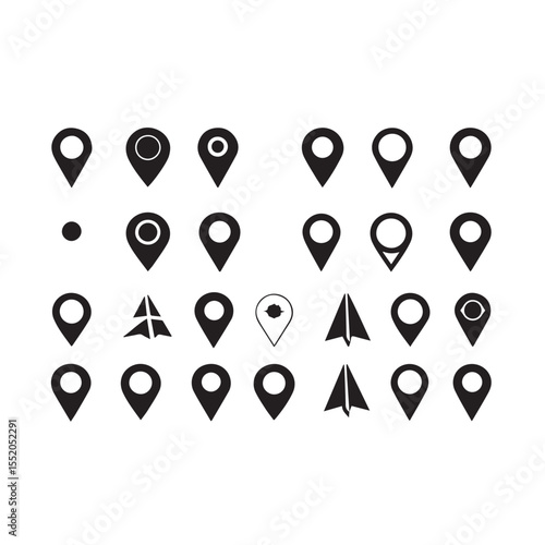 Diverse Set of Black Location Pin Icons and Paper Airplane Symbols on White