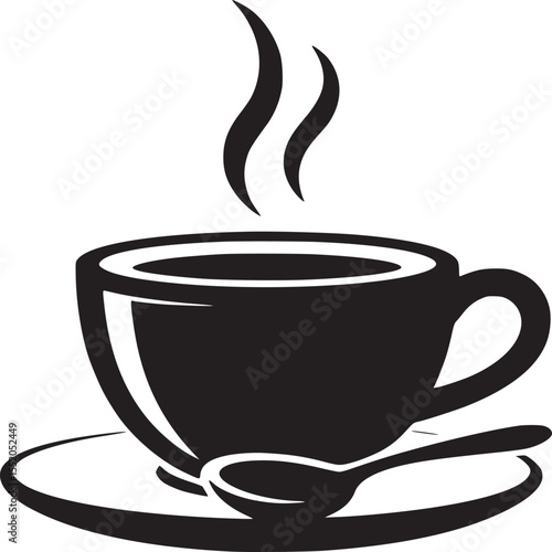 Black and white illustration of a steaming cup of coffee with a spoon on a saucer art
