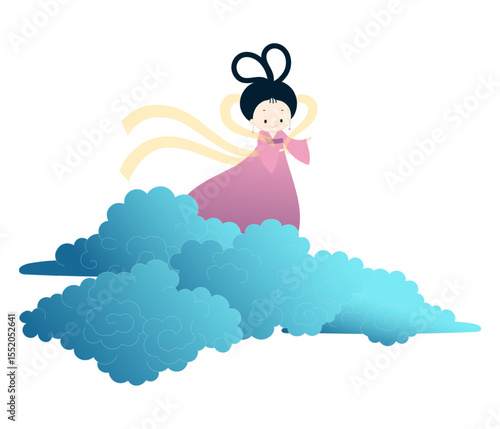 Qixi Festival, Tanabata weaver girl, Orihime on fluffy clouds kawaii character illustration, isolated vector. Hand drawn cute flat design. Traditional Chinese, Japanese holiday clip art element