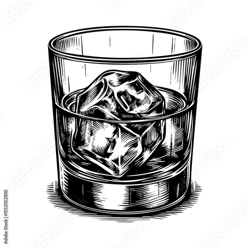 Glass of whiskey full ice cube sketch engraving black and white outline. Scratch board imitation.