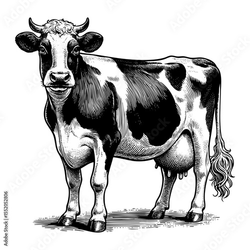 Dairy cow sketch engraving black and white outline. Scratch board imitation.  illustrated in vintage line art style on a white background.