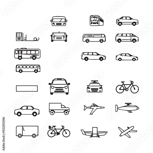 Collection of Transportation Icons Cars Buses Bicycles Airplanes and More in Black and White
