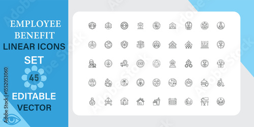 Employee benefit linear icons set. Healthcare, retirement, pension, time and more. Outline vector icon in linear style. Editable stroke. Vector illustration.