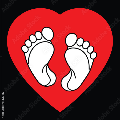 A simple and minimalist two baby footprints on heart vector illustration on black background.