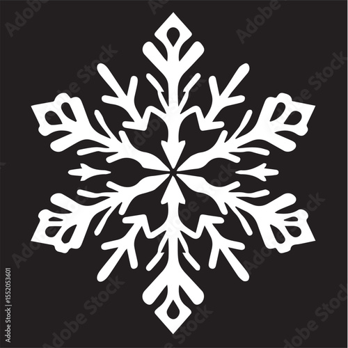 A white, symmetrical snowflake illustration against a solid black background, showcasing its intricate crystalline structure.