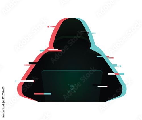 Cyber criminal with laptop Glitch style Blurred motion vector